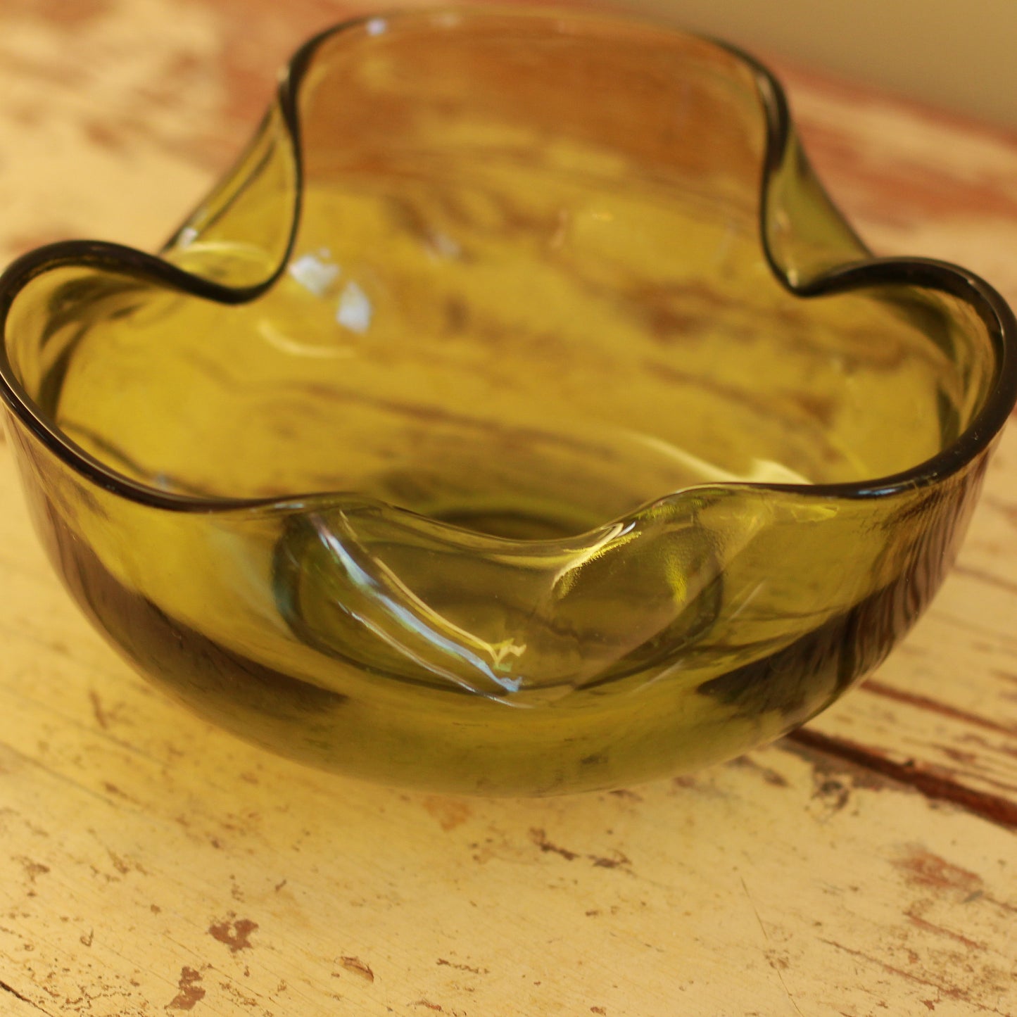 Green Pinched Glass Trinket Bowl