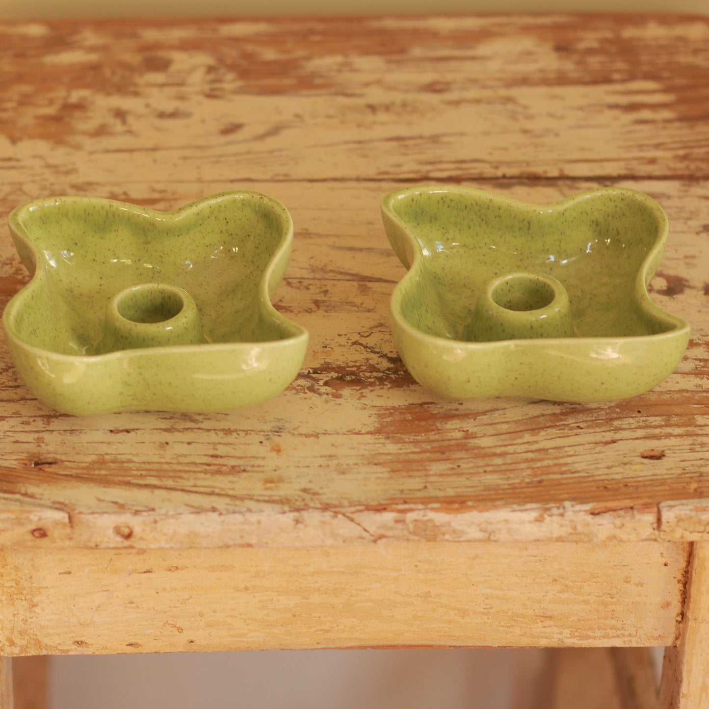 Vintage Red Wing Speckled Green Candlestick Pair