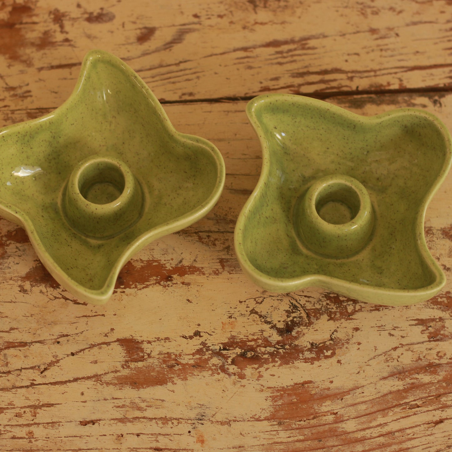 Vintage Red Wing Speckled Green Candlestick Pair