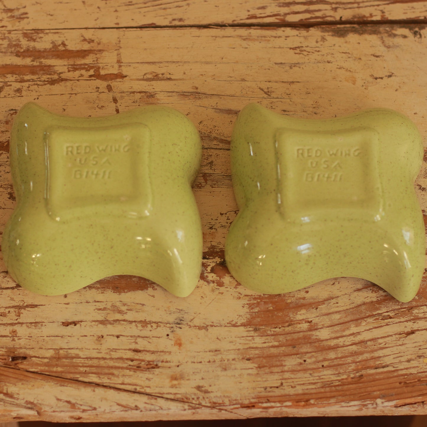 Vintage Red Wing Speckled Green Candlestick Pair