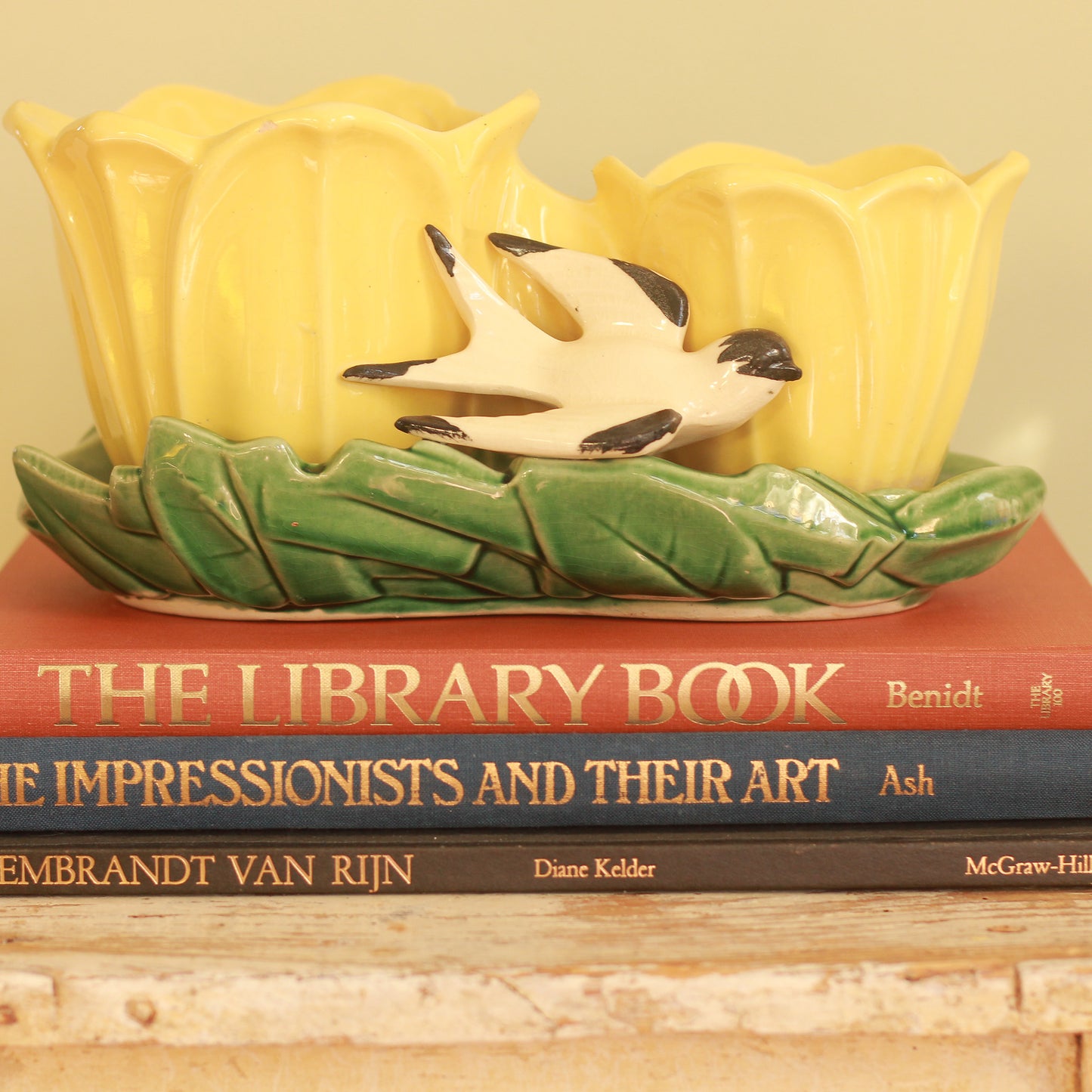 Vintage McCoy Yellow Double Tulip + Bird Planter