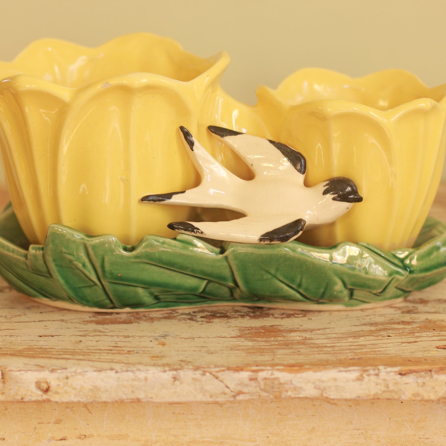 Vintage McCoy Yellow Double Tulip + Bird Planter
