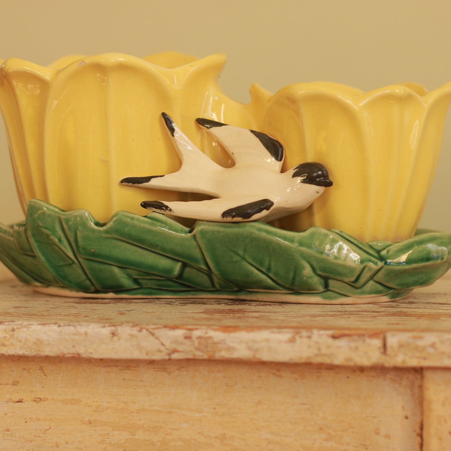 Vintage McCoy Yellow Double Tulip + Bird Planter