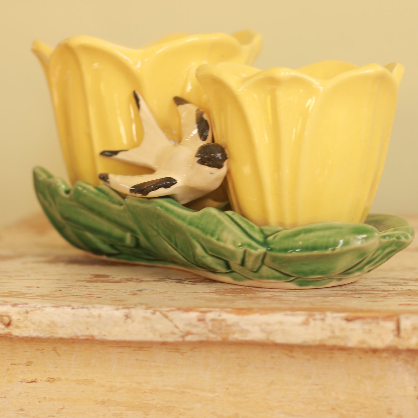 Vintage McCoy Yellow Double Tulip + Bird Planter