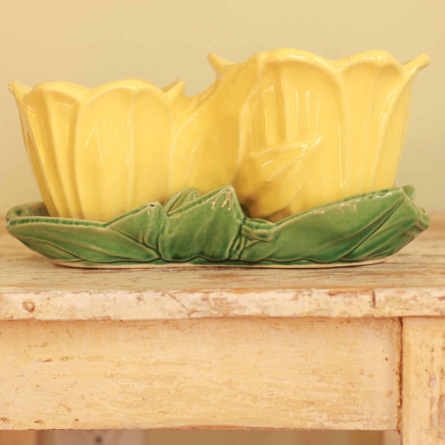 Vintage McCoy Yellow Double Tulip + Bird Planter
