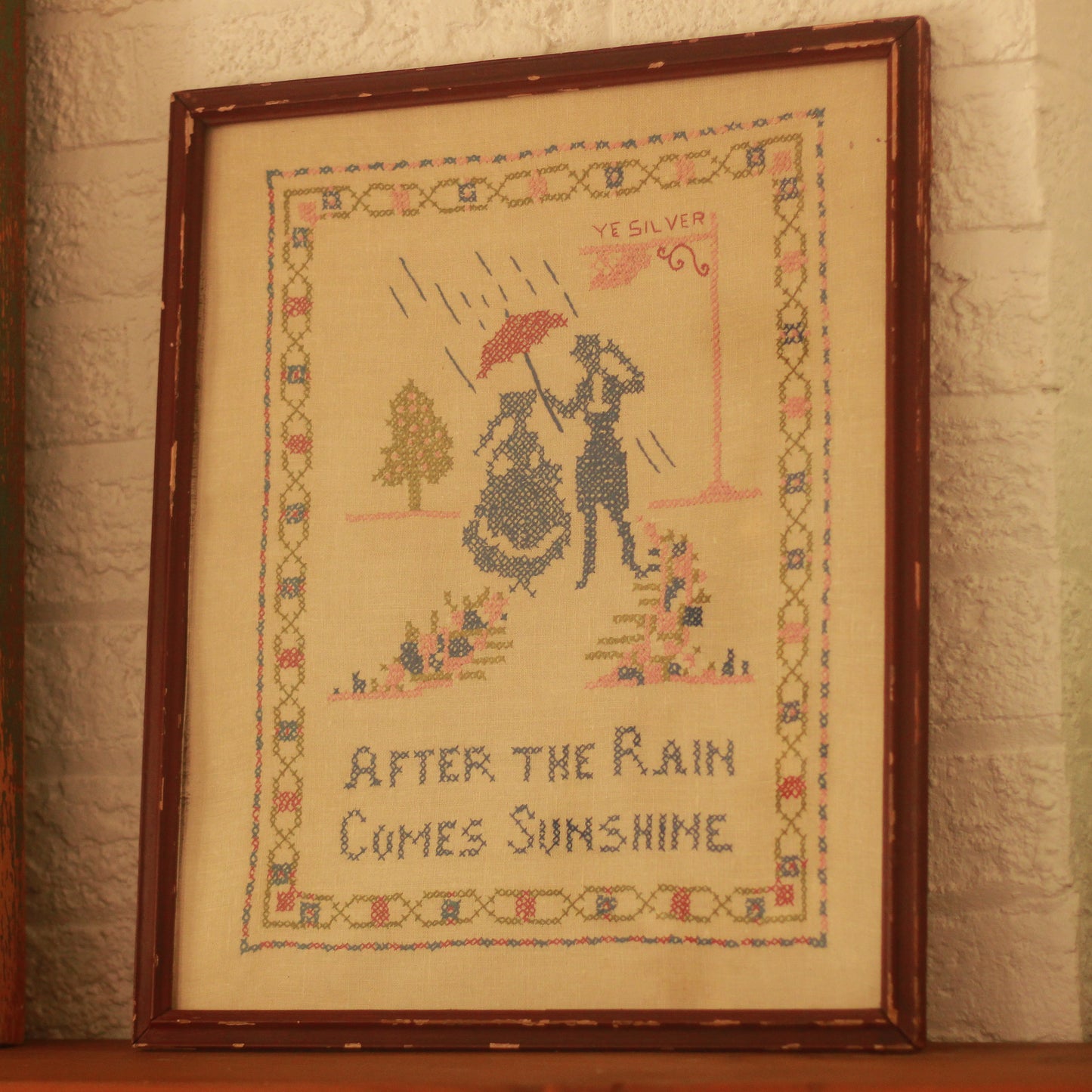 Vintage Framed "After the Rain" Needlework