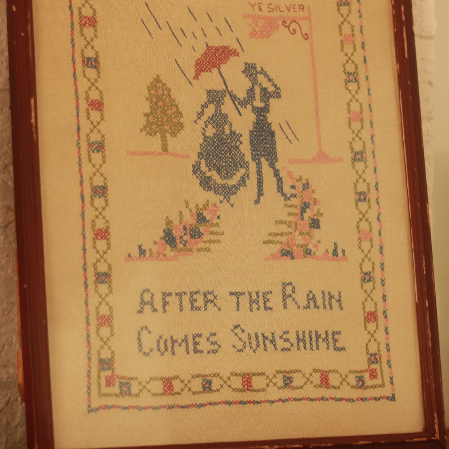 Vintage Framed "After the Rain" Needlework