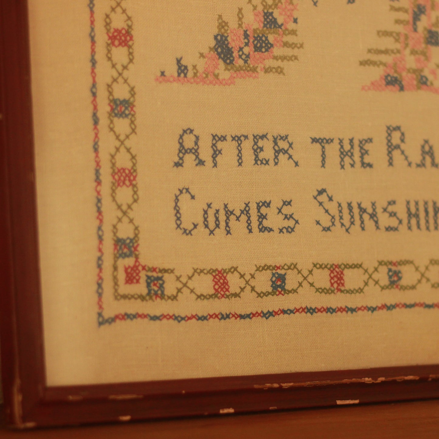 Vintage Framed "After the Rain" Needlework