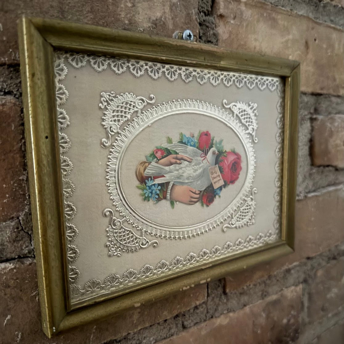 Vintage Framed White Dove Victorian Calling Card