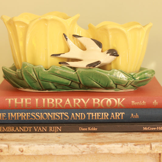Vintage McCoy Yellow Double Tulip + Bird Planter